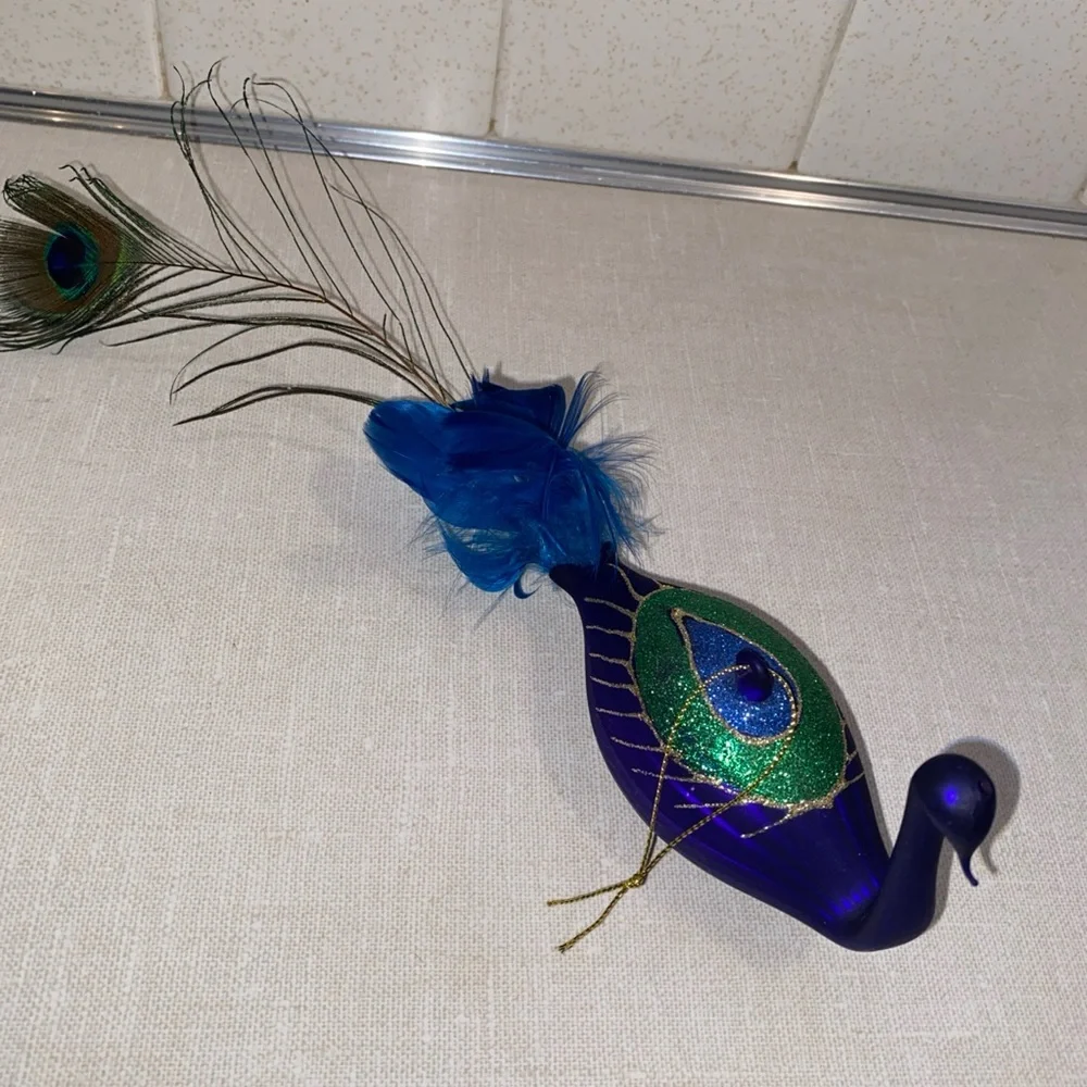 Vintage Peacock Glass Christmas Ornament With‎ Feathers